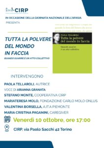 Dettagli della conferenza: 10 ottobre 2025, presso il CIRP in Via Sacchi 42 a Torino. Presentazione del libro "Tutta la polvere del mondo in faccia", presente l'autrice Paola Tessaroli. Ingresso libero